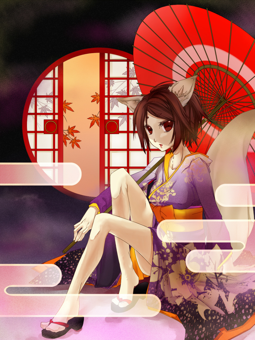 animal_ears autumn_leaves ayasa bangs black_footwear breasts brown_hair colored_eyelashes commentary_request eyebrows_visible_through_hair fox_ears fox_girl fox_tail full_body highres japanese_clothes kimono looking_at_viewer medium_breasts obi oil-paper_umbrella open_mouth orange_sash original purple_kimono red_eyes red_umbrella sash short_eyebrows sitting solo tail umbrella zouri