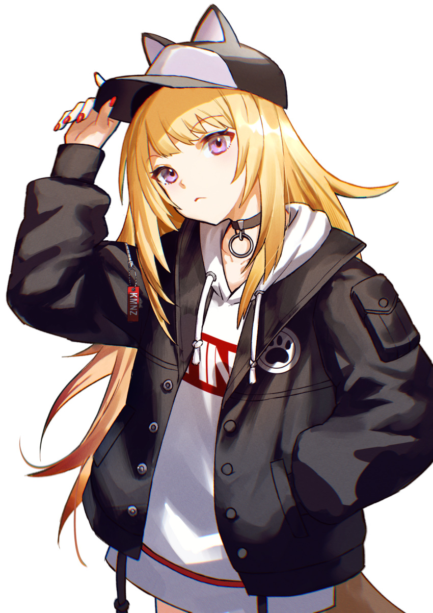 1girl adjusting_clothes adjusting_headwear animal_ears animal_hat black_choker black_jacket blonde_hair choker closed_mouth commentary dog_ears dog_girl dog_hat dog_tail drawstring hat hat_with_ears highres hood hood_down hoodie jacket kmnz long_hair long_sleeves looking_at_viewer mc_lita paw_print pendant_choker red_nails solo tail tsugu0302 upper_body violet_eyes virtual_youtuber white_background white_hoodie