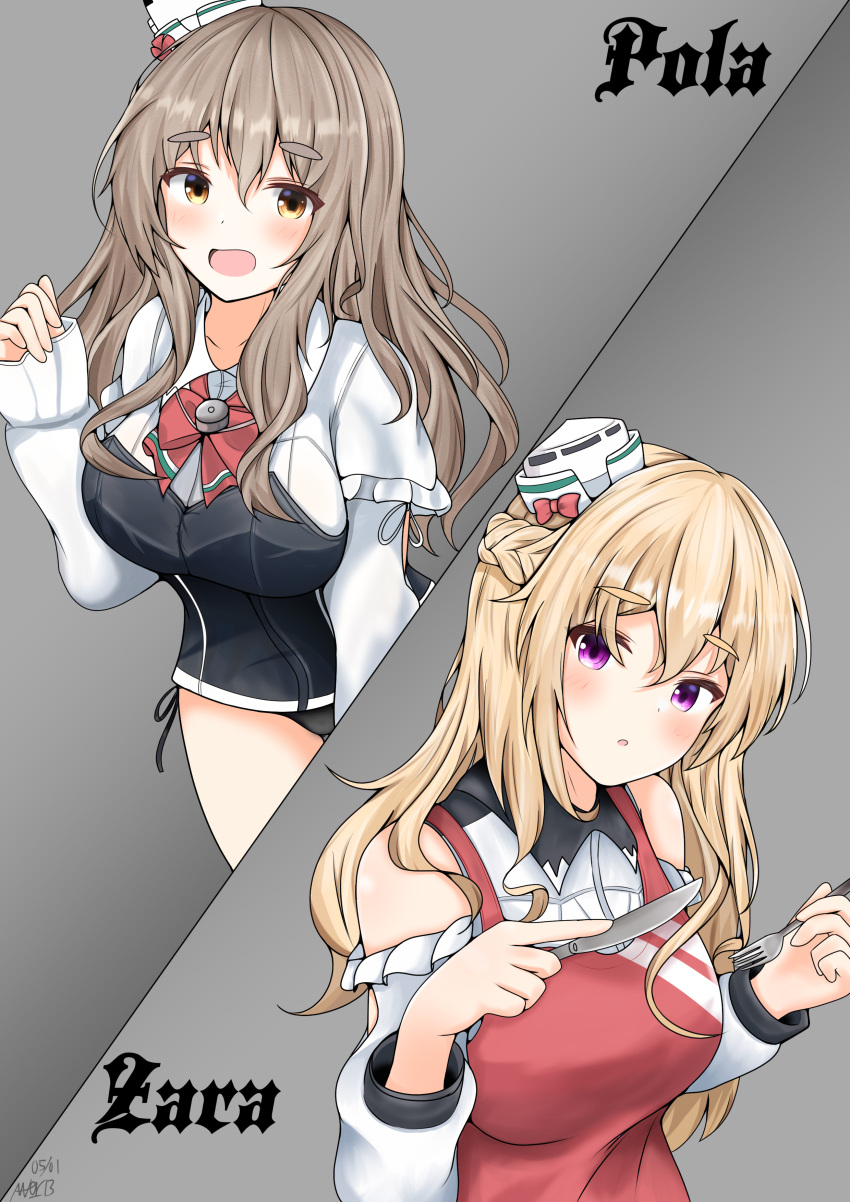 2girls abataa absurdres apron black_panties blonde_hair bodice bow bowtie braid brown_eyes character_name clothing_cutout eyebrows_visible_through_hair fork french_braid grey_hair hat highres holding holding_fork holding_knife kantai_collection knife long_hair long_sleeves mini_hat miniskirt multiple_girls panties pola_(kancolle) red_apron red_bow red_bowtie shirt shoulder_cutout side-tie_panties skirt thick_eyebrows tilted_headwear underwear violet_eyes wavy_hair white_shirt zara_(kancolle)