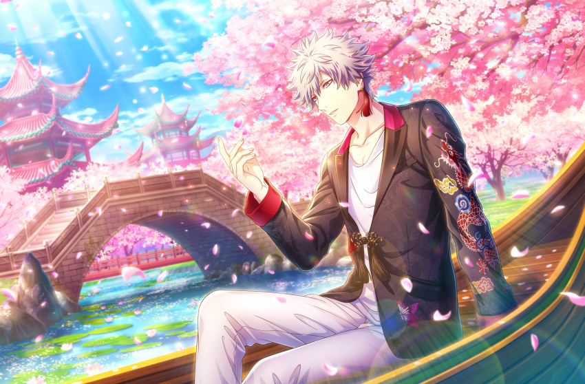 1boy animal_print architecture arm_support black_jacket bridge butterfly_print cherry_blossoms day dragon_print dutch_angle earrings east_asian_architecture embroidery falling_petals feet_out_of_frame fingernails flower_knot from_side game_cg grey_eyes grey_hair hand_up heterochromia highres jacket jewelry kurosaki_ranmaru lens_flare light_particles lily_pad male_focus official_art pants parted_lips petals pond red_eyes rowboat shirt short_hair single_earring sitting solo spiky_hair sunlight tassel tassel_earrings third-party_source tree uta_no_prince-sama uta_no_prince-sama:_shining_live water_lily_flower white_pants white_shirt