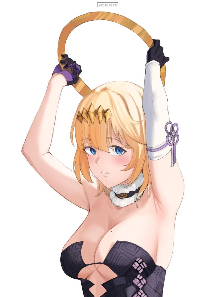 1girl ameiarts armpits arms_up artist_name bangs black_gloves blonde_hair blue_eyes blush breasts cosplay detached_sleeves dress eyebrows_visible_through_hair fur_choker gloves grabbing halo highres hololive hololive_english large_breasts looking_at_viewer mole mole_on_breast ninomae_ina'nis ninomae_ina'nis_(cosplay) no_bra parted_lips short_hair simple_background single_detached_sleeve solo strapless strapless_dress tube_dress virtual_youtuber watson_amelia white_background