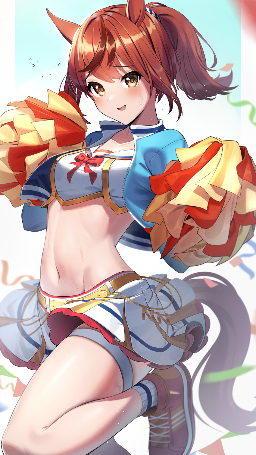 1girl absurdres animal_ears blue_jacket brown_footwear brown_hair cheerleader eyebrows_visible_through_hair highres horse_ears horse_girl jacket leg_garter looking_at_viewer midriff multicolored_hair navel nice_nature_(umamusume) open_clothes open_jacket pom_pom_(cheerleading) ponytail shoes short_hair skirt solo streaked_hair takom thighs umamusume white_skirt yellow_belt yellow_eyes