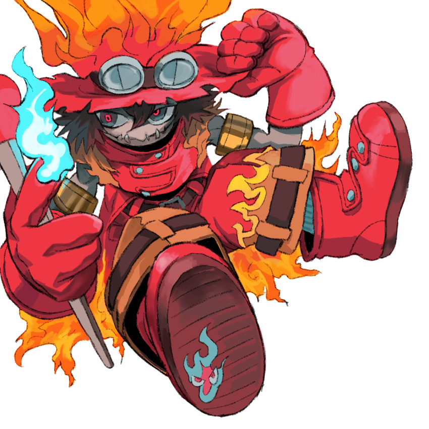 1boy armlet bangs digimon digimon_(creature) fire flame flawizarmon gloves goggles goggles_on_head grey_background highres level-00 magic male_focus pants red_eyes red_footwear red_gloves red_headwear red_pants simple_background solo teeth