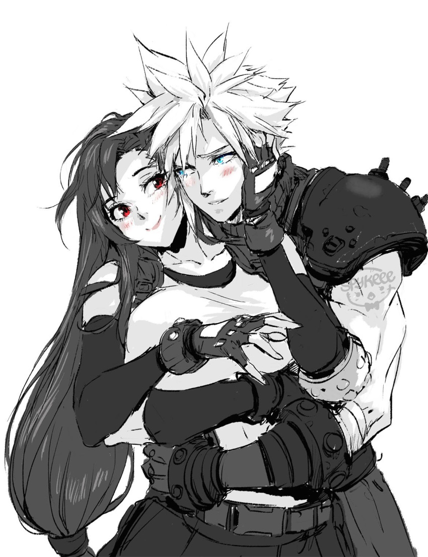 1boy 1girl armor bare_shoulders belt black_hair blue_eyes blush breasts cloud_strife collarbone couple detached_sleeves final_fantasy final_fantasy_vii final_fantasy_vii_remake fingerless_gloves gloves hand_on_another's_face highres hug hug_from_behind large_breasts long_hair looking_at_another low-tied_long_hair red_eyes shoulder_armor sleeveless sleeveless_turtleneck smile spiky_hair spykeee tank_top tifa_lockhart turtleneck white_background white_tank_top