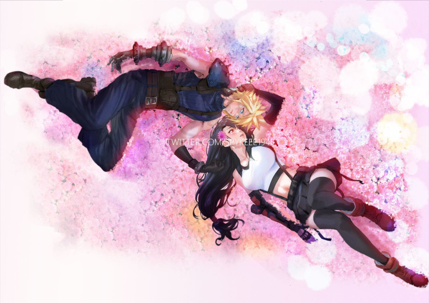 1boy 1girl armor bare_shoulders black_hair black_legwear black_skirt blonde_hair blue_eyes blush boots breasts cloud_strife couple crop_top detached_sleeves field final_fantasy final_fantasy_vii final_fantasy_vii_remake flower flower_field full_body gloves hair_flower hair_ornament hand_on_another's_head highres large_breasts long_hair looking_at_another low-tied_long_hair lying midriff navel on_back pink_flower red_eyes red_footwear shoulder_armor skirt sleeveless sleeveless_turtleneck spiky_hair spykeee suspender_skirt suspenders tank_top thigh-highs tifa_lockhart turtleneck white_tank_top