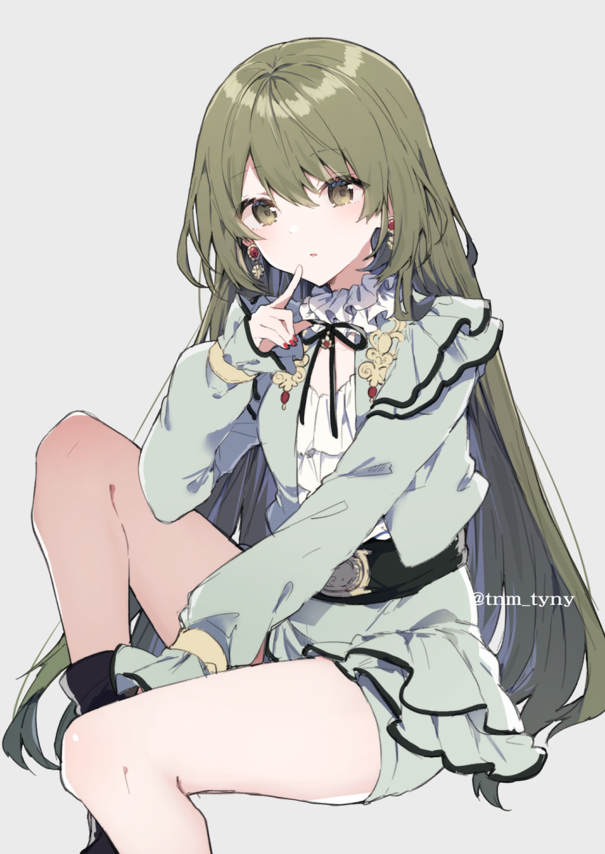 1girl :o bare_legs blush dress earrings feet_out_of_frame finger_to_mouth frilled_dress frilled_sleeves frills green_eyes green_hair green_jacket green_shorts grey_background highres idol idolmaster idolmaster_shiny_colors ikeuchi_tanuma jacket jewelry knee_up long_hair long_sleeves looking_at_viewer nail_polish nanakusa_nichika neck_ribbon puffy_long_sleeves puffy_sleeves ribbon shorts simple_background solo upper_body very_long_hair