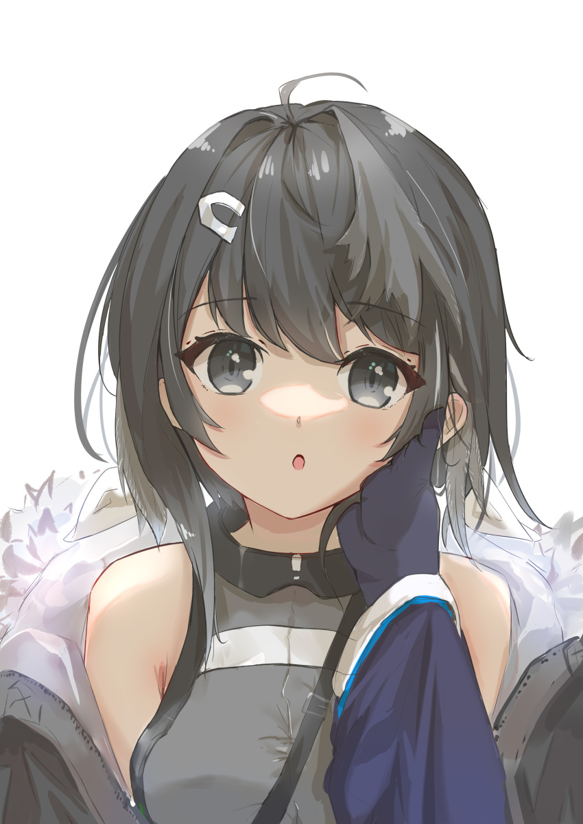 1girl absurdres ahoge arknights backlighting bangs black_hair breasts eyebrows_visible_through_hair fur_trim gloves grey_eyes grey_shirt hand_on_another's_cheek hand_on_another's_face head_tilt highres la_pluma_(arknights) light_blush medium_hair off_shoulder open_mouth oversized_clothes shaded_face shirt simple_background sleeveless sleeveless_shirt solo tank_top tebiexiandexiaoxin white_background