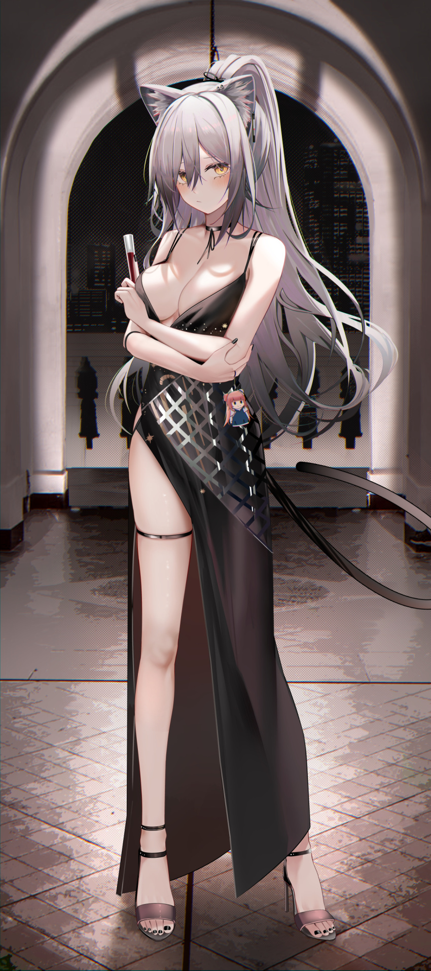 1girl :/ absurdres alternate_costume animal_ear_fluff animal_ears arknights bangs bare_shoulders black_choker black_dress black_footwear black_nails blush breasts cat_ears cat_tail ceylon_(arknights) charm_(object) choker closed_mouth crossed_arms dress evening_gown full_body grey_hair hair_between_eyes high_heels high_ponytail highres large_breasts legs long_hair nail_polish plunging_neckline ru_zhai schwarz_(arknights) side_slit solo spaghetti_strap standing tail thigh_strap toenail_polish toenails yellow_eyes