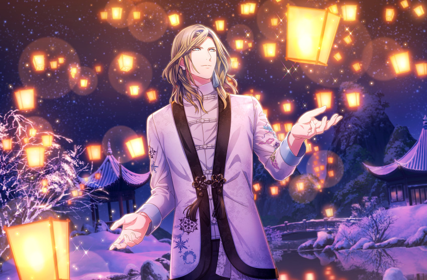 1boy architecture bangs bare_tree black_pants blue_eyes bridge camus_(uta_no_prince-sama) chinese_clothes cowboy_shot dragon_print earrings east_asian_architecture embroidery flower_knot game_cg highres jacket jewelry lace lantern lens_flare light_particles light_smile long_hair long_sleeves looking_at_object looking_up male_focus night official_art outdoors pants paper_lantern parted_bangs platinum_blonde_hair reflection reflective_water shirt single_earring sky sky_lantern snow snowflake_print solo standing star_(sky) starry_sky tangzhuang tassel tassel_earrings third-party_source tree uta_no_prince-sama uta_no_prince-sama:_shining_live white_jacket white_shirt winter