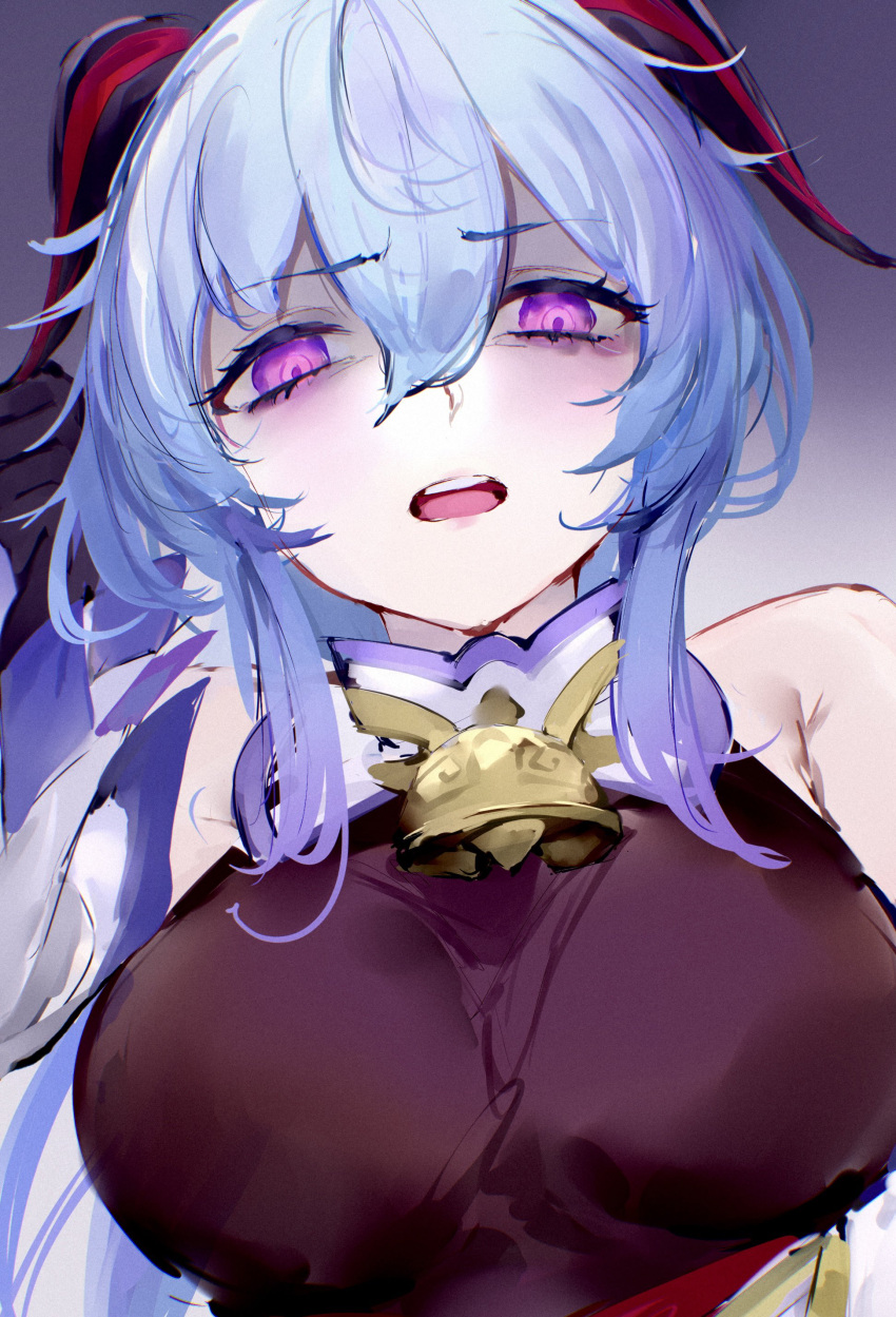 1girl absurdres bare_shoulders bell blue_hair breasts commission cowbell disgust ganyu_(genshin_impact) genshin_impact gradient gradient_background hair_between_eyes hand_up highres horns large_breasts looking_at_viewer mile_(off8mile) neck_bell open_mouth skeb_commission solo upper_body violet_eyes