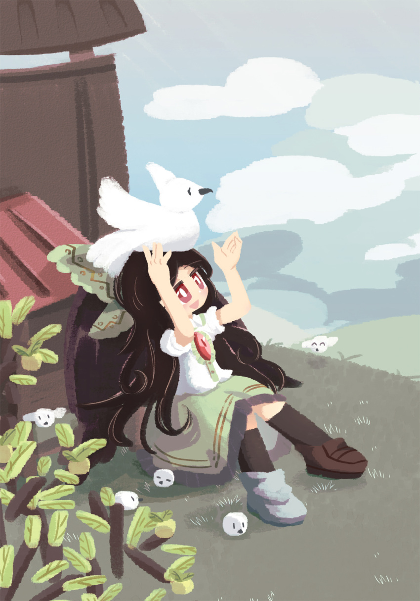 1girl :d animal_on_head arms_up asymmetrical_footwear bird bird_on_head black_hair black_legwear black_wings bow bright_pupils building clouds commentary day eyebrows_visible_through_hair full_body grass green_bow green_skirt hair_bow hands_up highres kneehighs kurocat leaf long_hair looking_up on_ground on_head open_mouth outdoors puffy_short_sleeves puffy_sleeves red_eyes reiuji_utsuho shirt short_sleeves sitting skirt sky smile solo third_eye touhou very_long_hair white_pupils white_shirt wings