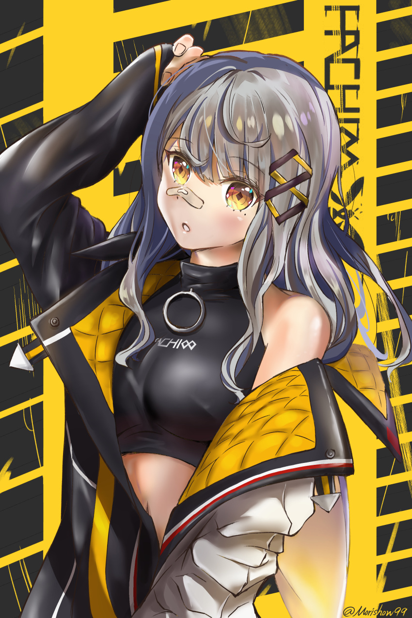 1girl absurdres arm_up asymmetrical_sleeves bandaid bandaid_on_face bandaid_on_nose bangs black_coat blush breasts coat covered_nipples crop_top eyebrows_visible_through_hair hachi_(live_union) hair_between_eyes hair_ornament highres live_union long_hair long_sleeves medium_breasts midriff navel open_clothes open_coat shiny shiny_hair sleeves_past_wrists solo stomach symbol-shaped_pupils twitter_username upper_body user_tdjd4487 virtual_youtuber yellow_eyes