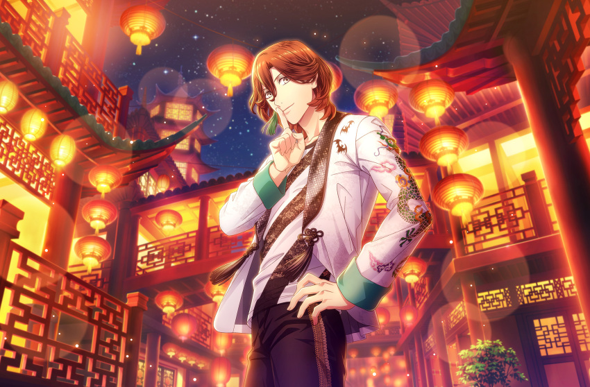 1boy animal_print architecture bat_print black_pants brown_hair building cowboy_shot dragon_print earrings east_asian_architecture finger_to_mouth game_cg grey_eyes hair_between_eyes hand_on_hip highres house index_finger_raised jacket jewelry kotobuki_reiji lantern lens_flare light_particles looking_at_viewer male_focus night official_art pants paper_lantern shirt short_hair single_earring sky smile solo standing star_(sky) starry_sky striped striped_shirt tassel tassel_earrings third-party_source two-tone_shirt uta_no_prince-sama uta_no_prince-sama:_shining_live white_jacket white_shirt