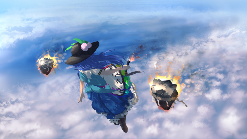 1girl absurdres black_headwear blue_hair bow clouds cloudy_sky fire food from_behind fruit fruit_hat_ornament hat highres hinanawi_tenshi holding holding_weapon keystone long_hair peach peach_hat_ornament shirt short_sleeves skirt sky solo touhou ushitsuchi weapon