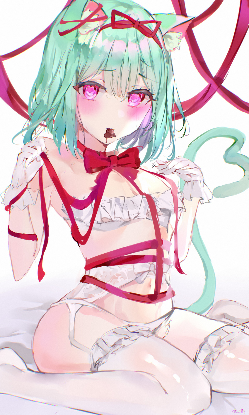 1girl absurdres animal_ears blush bow bowtie bra candy cat_ears cat_tail chocolate food garter_belt gloves green_hair hair_ribbon hands_up heart heart-shaped_chocolate heart-shaped_pupils heart_tail highres hololive looking_at_viewer medium_hair mile_(off8mile) mouth_hold panties pink_eyes red_bow red_bowtie ribbon sitting solo symbol-shaped_pupils tail thigh-highs underwear uruha_rushia valentine wariza white_bra white_gloves white_legwear white_panties