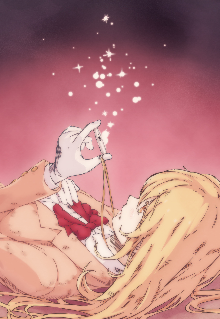 1girl blonde_hair blush bow bowtie breasts bright_pupils brown_jacket colorized commentary eyebrows_visible_through_hair from_side gazing_eye gloves gradient gradient_background grey_background haimura_kiyotaka hand_on_own_chest hand_up highres holding holding_whistle jacket large_breasts light_blush light_brown_jacket lips long_hair long_sleeves looking_away looking_up lying on_back orange_eyes pink_background pink_lips red_bow red_bowtie school_uniform shiny shiny_hair shirt shokuhou_misaki sparkle sparkling_eyes spoilers symbol-shaped_pupils t-shirt toaru_majutsu_no_index toaru_majutsu_no_index:_new_testament tokiwadai_school_uniform whistle white_gloves white_shirt yellow_pupils