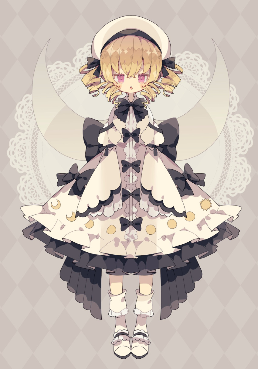 1girl argyle argyle_background blonde_hair blush dress drill_hair fairy fairy_wings frilled_dress frilled_sleeves frills full_body hair_between_eyes hat highres long_hair luna_child nikorashi-ka open_mouth pink_eyes shoes sleeves_past_fingers sleeves_past_wrists solo touhou twin_drills white_dress white_footwear white_headwear wide_sleeves wings