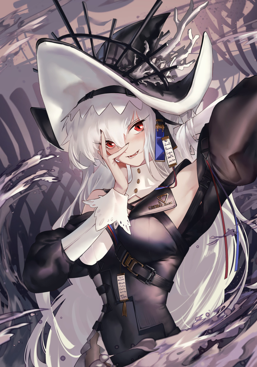 1girl :d absurdres arknights arm_up armpits bangs barefoot between_breasts black_dress black_headwear blush breasts clothing_cutout covered_navel cowboy_shot dress eyebrows_visible_through_hair fang frilled_dress frills grey_hair hand_on_own_face highres large_breasts long_hair long_sleeves open_mouth pelvic_curtain red_eyes shoulder_cutout shoulder_strap smile solo sosiick specter_(arknights) specter_the_unchained_(arknights) v-shaped_eyebrows very_long_hair