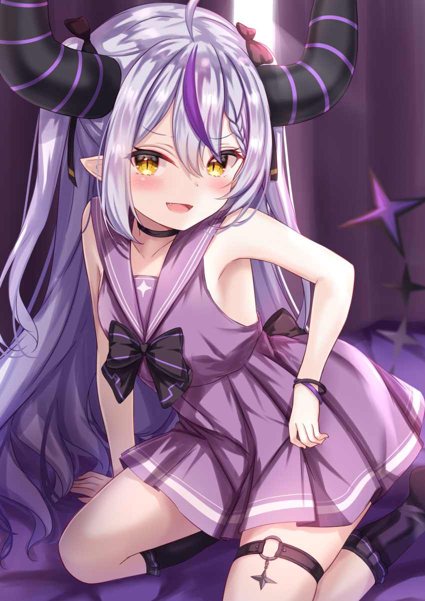 1girl bangs blush collar demon_girl demon_tail eyebrows_visible_through_hair fang highres hololive horns la+_darknesss long_hair looking_at_viewer open_mouth pointy_ears ribbon smile solo striped_horns tail thigh-highs thigh_strap twintails virtual_youtuber yuano