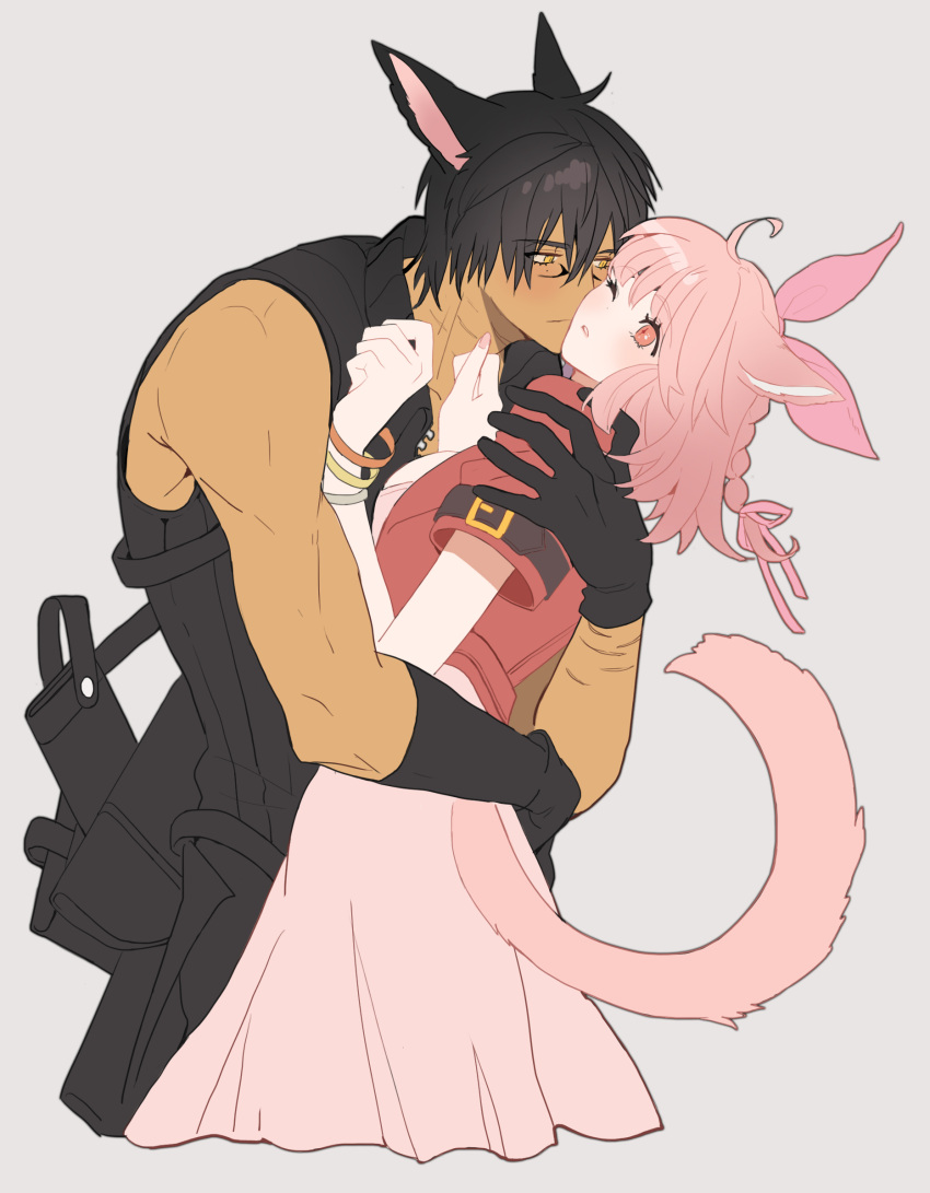 1boy 1girl aerith_gainsborough aerith_gainsborough_(cosplay) animal_ears arm_around_shoulder arm_around_waist belt black_hair black_pants black_shirt blush bracelet braid breasts cat_ears cat_tail cloud_strife cloud_strife_(cosplay) cosplay couple cropped_jacket dress facial_mark final_fantasy final_fantasy_vii final_fantasy_vii_advent_children final_fantasy_vii_remake final_fantasy_xiv grey_background hair_between_eyes hair_ribbon hands_on_another's_chest high_collar highres jacket jewelry kaka_ff14 long_dress medium_breasts medium_hair miqo'te one_eye_closed open_collar pants parted_lips pink_dress pink_hair red_eyes red_jacket ribbon scar scar_on_arm shirt short_hair sleeveless sleeveless_shirt strap tail upper_body yellow_eyes