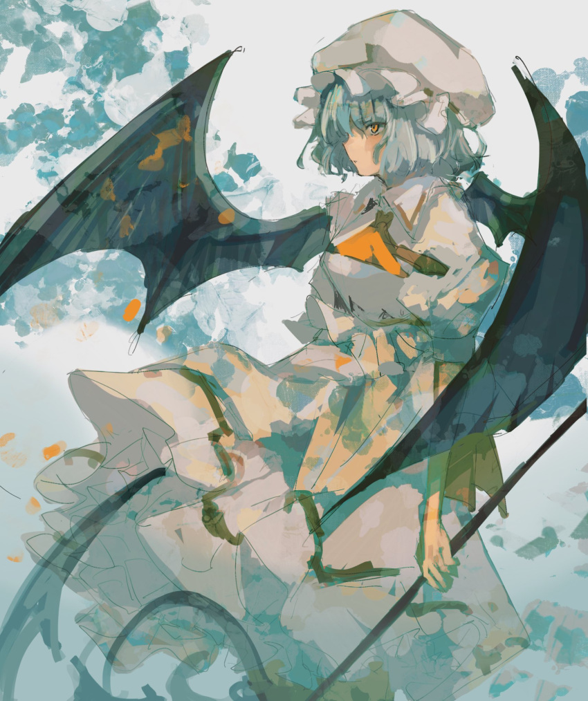 1girl ascot bangs bat_wings batsu_koseidai black_wings blue_hair bow collared_dress commentary dress from_side hat highres holding holding_weapon mob_cap one-hour_drawing_challenge orange_ascot orange_eyes protected_link puffy_short_sleeves puffy_sleeves remilia_scarlet short_sleeves solo touhou waist_bow weapon white_dress white_headwear wings