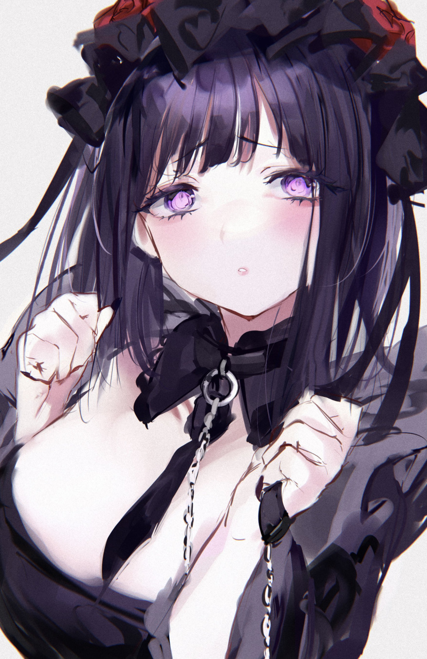 1girl absurdres between_breasts black_choker breasts choker hands_up highres kuroe_shizuku leash looking_at_viewer mile_(off8mile) necktie necktie_between_breasts parted_lips purple_hair simple_background solo sono_bisque_doll_wa_koi_wo_suru upper_body violet_eyes white_background