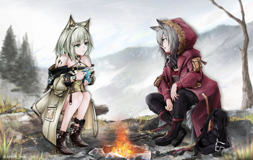 2girls :d animal_ear_fluff animal_ears arknights bag bangs bare_shoulders bare_tree black_choker black_footwear black_pants boots campfire choker clouds cloudy_sky commentary_request criss-cross_halter cross-laced_footwear cup eyebrows_visible_through_hair fire from_side fur-trimmed_jacket fur_trim grass green_eyes grey_hair grey_jacket halterneck high_heel_boots high_heels hood hooded_jacket jacket jewelry kal'tsit_(arknights) lace-up_boots lantern long_sleeves looking_at_another multiple_girls off-shoulder_jacket off_shoulder open_mouth oripathy_lesion_(arknights) outdoors pants profile projekt_red_(arknights) red_jacket rhodes_island_logo ring short_hair sitting sky smile steam tail tree watch watch wolf_ears wolf_tail yellow_eyes yokaze_(yokajie)