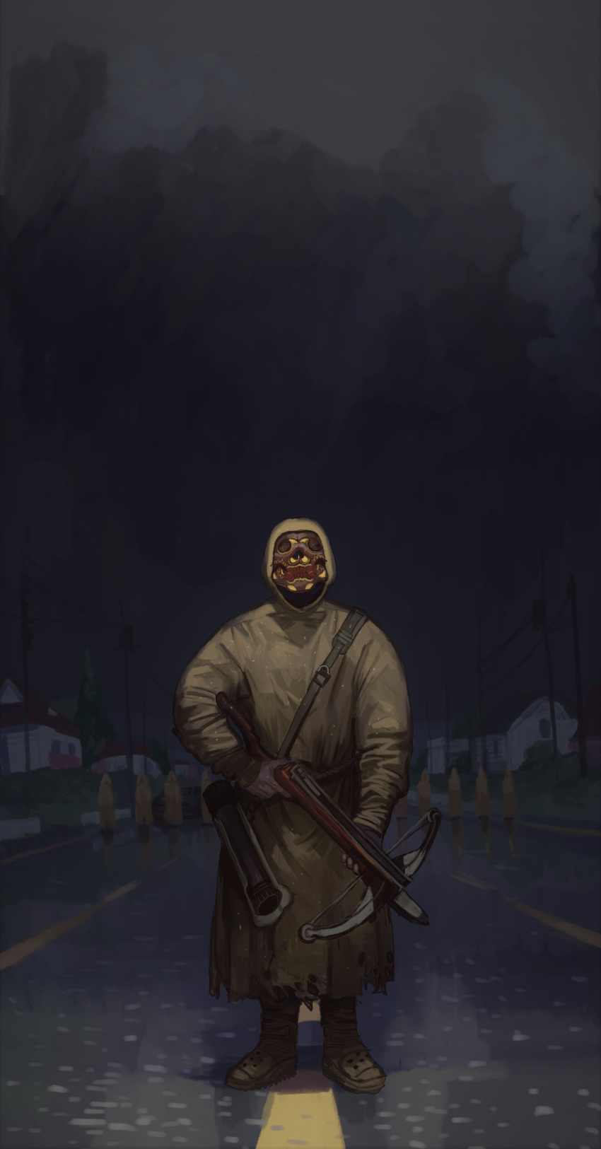 1other absurdres boots clouds cloudy_sky covered_face crossbow facing_viewer grey_footwear grey_robe grey_sky highres holding holding_crossbow holding_weapon hood hood_up hooded_robe long_sleeves mask mossacannibalis original outdoors road robe sky standing weapon