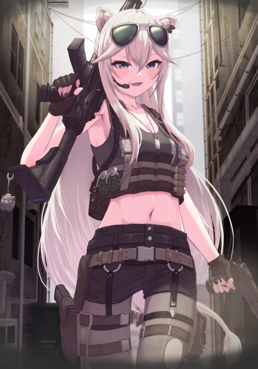 1girl :d alternate_costume animal_ears black_nails bowsan cowboy_shot dog_tags explosive eyewear_on_head fang fingerless_gloves gloves grenade grey_eyes grey_legwear gun headset highres hololive holster holstered_weapon legwear_under_shorts lion_ears lion_girl lion_tail long_hair looking_at_viewer nail_polish navel outdoors pantyhose shishiro_botan shorts smile snap-fit_buckle solo ssrb stomach sunglasses tail tank_top torn_clothes torn_legwear virtual_youtuber weapon weapon_on_back weapon_request white_hair