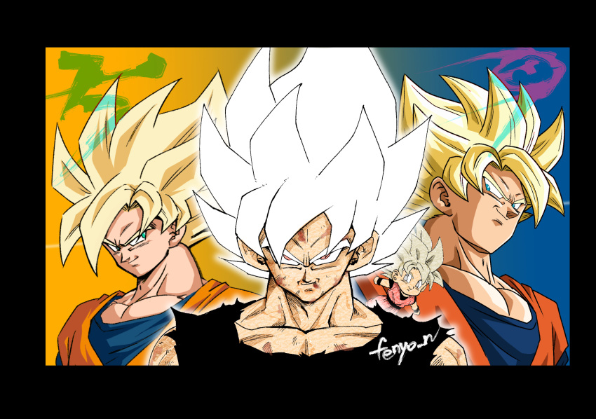 1boy arms_at_sides bangs black_border black_outline black_shirt black_wristband blonde_hair blood blood_from_mouth blood_on_face blue_background border chibi chibi_inset close-up closed_mouth dirty dirty_face dougi dragon_ball dragon_ball_z fenyon flying green_eyes grey_eyes highres looking_at_viewer male_focus multiple_views muscular muscular_male official_style orange_background outline parted_bangs pectorals red_eyes scratches shade shintani_naohiro_(style) shirt sideways_glance simple_background smirk son_goku spiky_hair super_saiyan super_saiyan_1 toriyama_akira_(style) torn_clothes torn_shirt twitter_username two-tone_background undershirt upper_body white_hair white_outline wristband yamamuro_tadayoshi_(style)