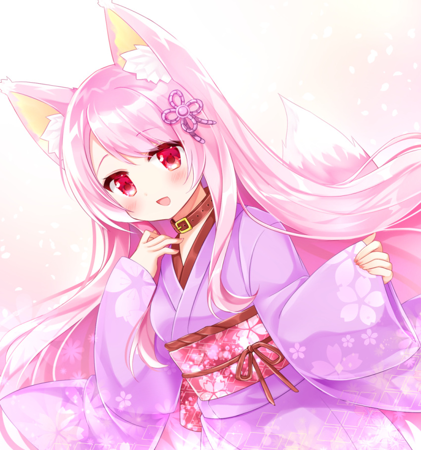 1girl :d animal_ear_fluff animal_ears bangs brown_collar collar commentary_request commission eyebrows_visible_through_hair floral_print fox_ears fox_girl fox_tail gradient gradient_background hand_up japanese_clothes kimono long_hair long_sleeves obi original parted_bangs pink_background pink_hair print_kimono purple_kimono red_eyes sash shikito skeb_commission sleeves_past_wrists smile solo tail very_long_hair white_background wide_sleeves