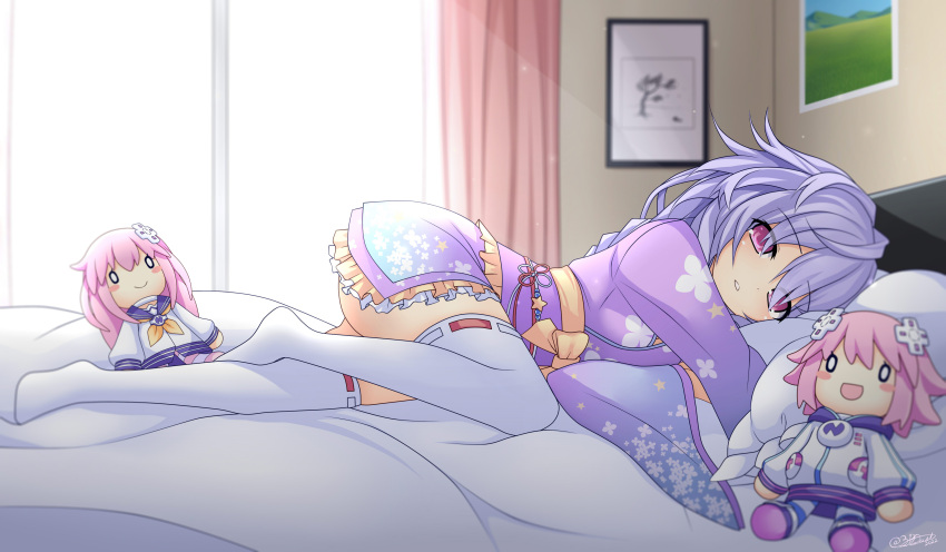 1girl absurdres alexstardust31 alternate_costume ass bare_shoulders blush braid braided_ponytail character_doll commission floral_print frilled_kimono frills full_body highres indoors japanese_clothes kami_jigen_game_neptune_v kimono knee_up legs long_hair long_sleeves looking_at_viewer lying neptune_(neptune_series) neptune_(series) on_bed on_side parted_lips pink_eyes purple_hair purple_kimono pururut ribbon-trimmed_legwear ribbon_trim sash solo star_(symbol) star_print staring thigh-highs thighs very_long_hair waking_up white_legwear wide_sleeves