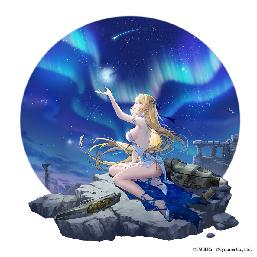 1girl arm_up armlet armpits ash_arms ass_visible_through_thighs aurora back bare_shoulders blonde_hair blue_eyes blue_ribbon braid breasts choker dress earrings eyebrows_visible_through_hair from_side full_body glint hair_ornament hair_ribbon high_heels highres jewelry ju_87_(ash_arms) large_breasts lino_chang long_dress long_hair looking_up night official_alternate_costume official_art outdoors parted_lips prosthesis prosthetic_leg ribbon side_slit sideboob sidelocks sitting smile solo star_(sky) very_long_hair white_dress