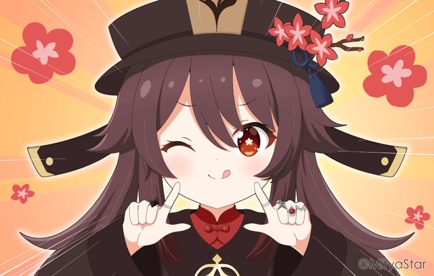 1girl ;q black_headwear brown_hair brown_jacket commentary_request emphasis_lines floral_background flower flower-shaped_pupils genshin_impact hands_up hat hat_flower hu_tao_(genshin_impact) jacket jewelry long_hair long_sleeves looking_at_viewer mitya one_eye_closed red_eyes red_flower red_shirt ring shirt solo symbol-shaped_pupils tongue tongue_out twintails twitter_username upper_body wide_sleeves