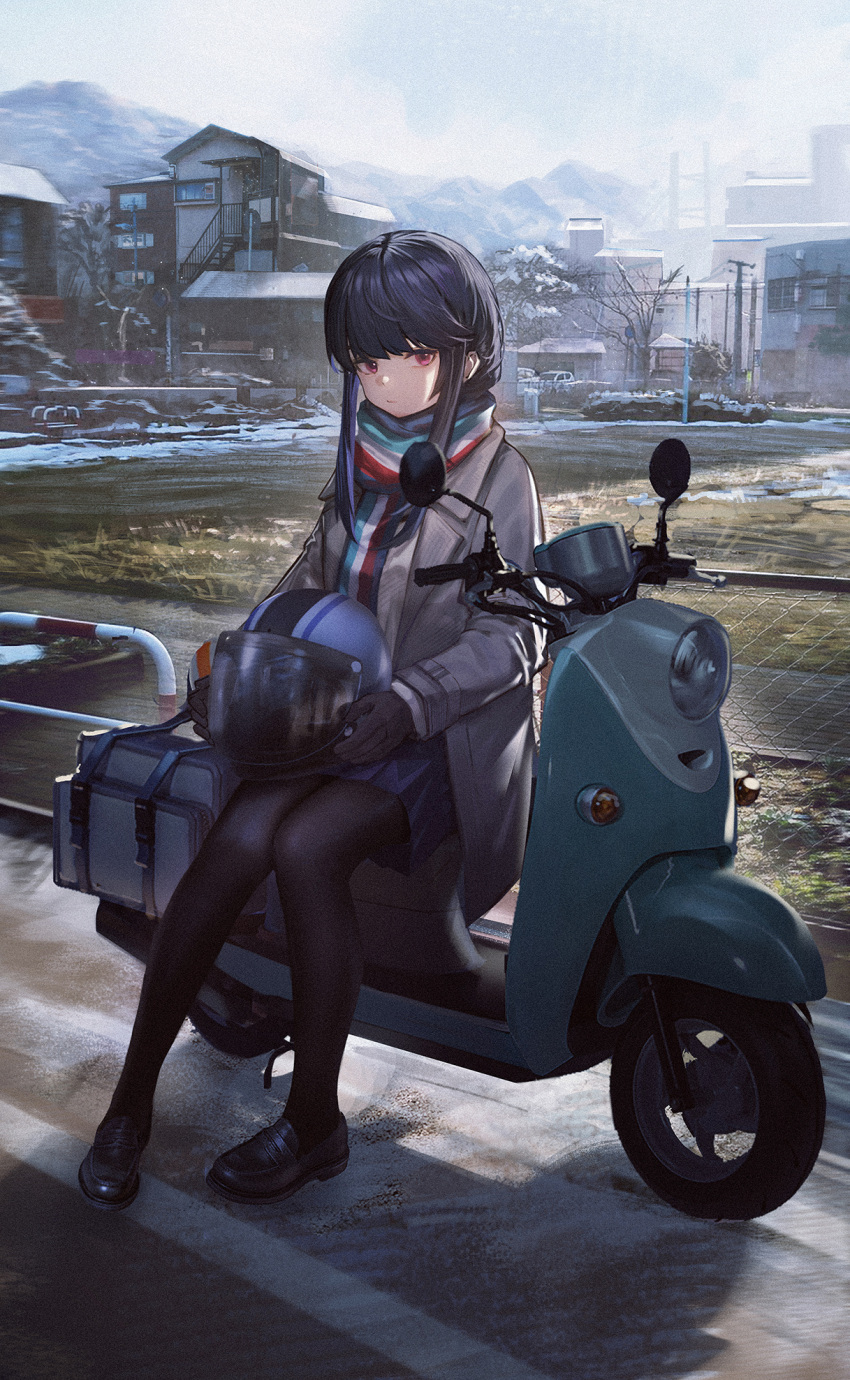 1girl bangs black_footwear black_gloves blue_hair blue_skirt building coat doren gloves grass ground_vehicle hair_bun helmet highres motor_vehicle mountainous_horizon multicolored_clothes multicolored_scarf outdoors pantyhose pleated_skirt red_eyes road scarf scooter shima_rin sidelocks sitting skirt sky solo striped striped_scarf tree utility_pole winter_clothes yurucamp
