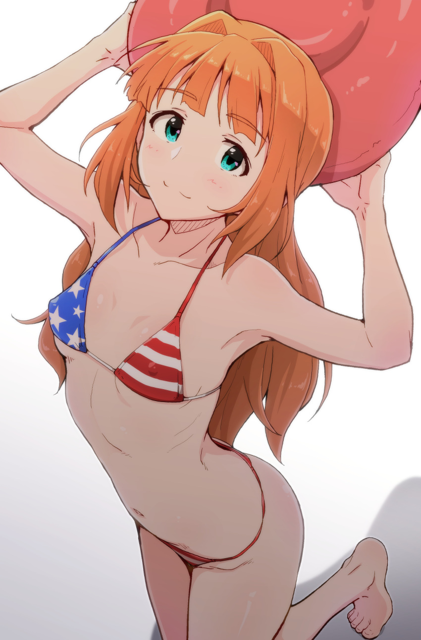 1girl :3 absurdres american_flag_bikini armpits bangs bikini blue_eyes breasts character_request covered_nipples cowboy_hat flag_print hat highres idolmaster long_hair looking_at_viewer navel orange_hair small_breasts smile solo swimsuit tengu_(tetuo_kun)