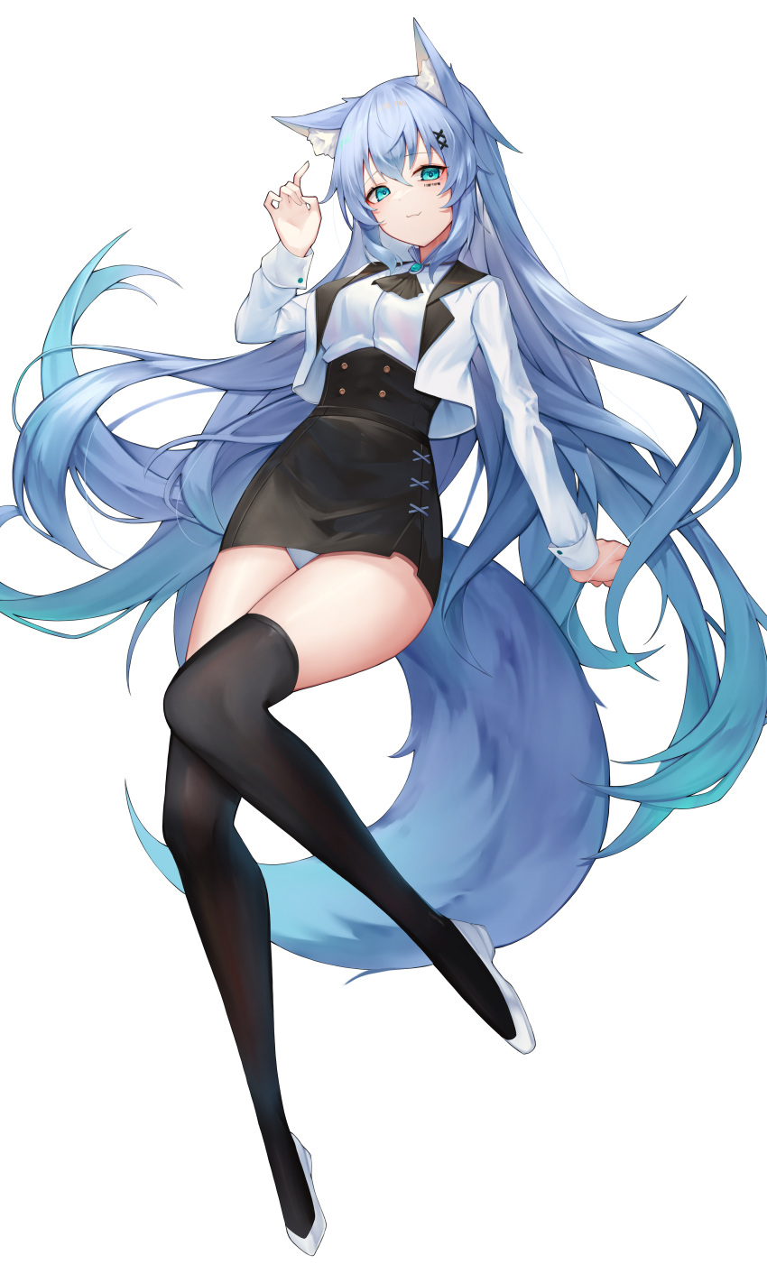 1girl absurdres animal_ear_fluff animal_ears aoria aqua_eyes ascot black_legwear black_skirt blue_hair breasts commission cropped_jacket fox_ears fox_girl fox_tail hair_ornament hairclip hand_up high-waist_skirt highres jacket large_breasts long_hair long_sleeves looking_at_viewer miniskirt open_clothes open_jacket original panties shirt shirt_tucked_in shoes skirt smile solo tail thigh-highs thighs underbust underwear very_long_hair white_footwear white_jacket white_panties white_shirt wing_collar x_hair_ornament
