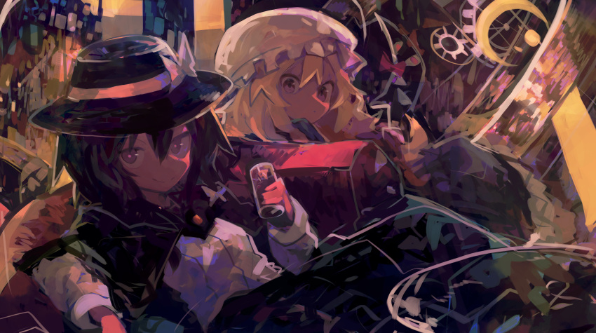 2girls abstract_background absurdres bangs black_capelet black_hair blonde_hair bow capelet commentary couch crescent cup dot_mouth dress fedora frilled_dress frills gap_(touhou) hair_between_eyes hat hat_ribbon highres holding holding_cup kaamin_(mariarose753) long_hair looking_at_viewer maribel_hearn mob_cap multiple_girls purple_dress ribbon shirt short_hair smile sun_symbol touhou usami_renko violet_eyes white_bow white_headwear white_ribbon white_shirt