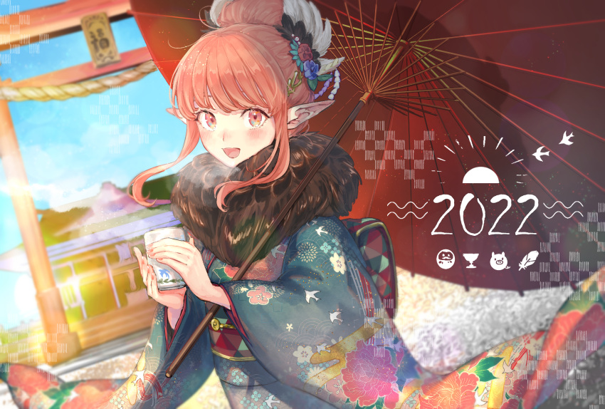 1girl 2022 :d bangs blue_kimono blue_sky blush circe_(fate) cup day eyebrows_behind_hair fate/grand_order fate_(series) feather_hair_ornament feathers hair_bun hair_ornament highres holding holding_cup japanese_clothes kimono long_sleeves looking_at_viewer obi oil-paper_umbrella outdoors pink_eyes pink_hair pointy_ears red_umbrella sash sidelocks sky smile solo torii umbrella uzura_(bonnet225) white_feathers wide_sleeves yunomi