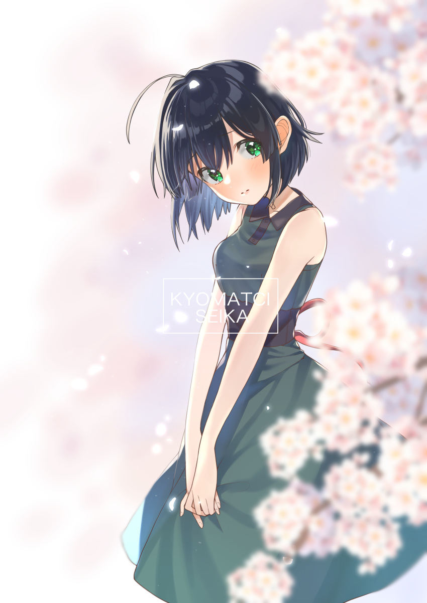 1girl absurdres alternate_costume bangs bare_arms bare_shoulders black_hair blurry blurry_background blurry_foreground character_name cherry_blossoms closed_mouth collared_dress commentary_request dress eyebrows_visible_through_hair flower green_dress green_eyes highres kyoumachi_seika light_blush long_dress looking_at_viewer mofu_mofudog short_hair shy sleeveless sleeveless_dress solo voiceroid
