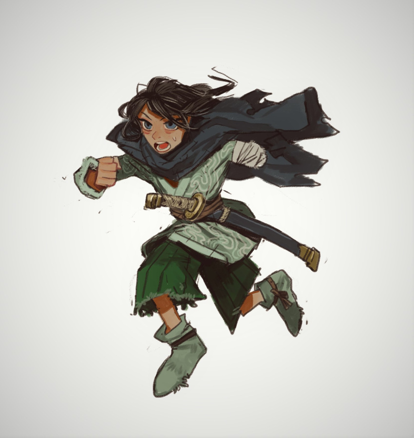 1other amputee androgynous ankle_boots black_cape black_hair blue_eyes blue_footwear blue_shirt boots borrowed_character cape child fur_boots green_shorts highres long_hair mossacannibalis open_mouth original running scabbard sheath shirt shorts solo sword weapon