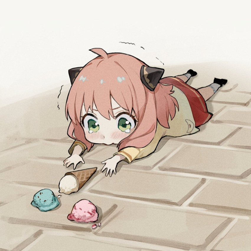 1girl anya_(spy_x_family) crying crying_with_eyes_open dango_(uni_520) dress fallen_down food green_eyes ice_cream jacket long_sleeves pink_hair red_dress short_hair spy_x_family tears yellow_jacket