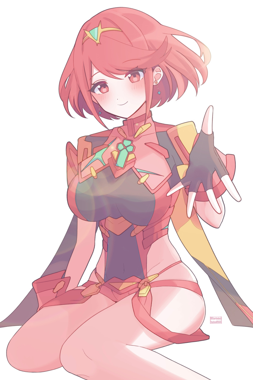 1girl absurdres bangs black_gloves breasts chest_jewel earrings fingerless_gloves gloves highres jewelry kotohatoko510 lap_pillow large_breasts pyra_(xenoblade) red_eyes red_legwear red_shorts redhead short_hair short_shorts shorts solo swept_bangs thigh-highs tiara xenoblade_chronicles_(series) xenoblade_chronicles_2