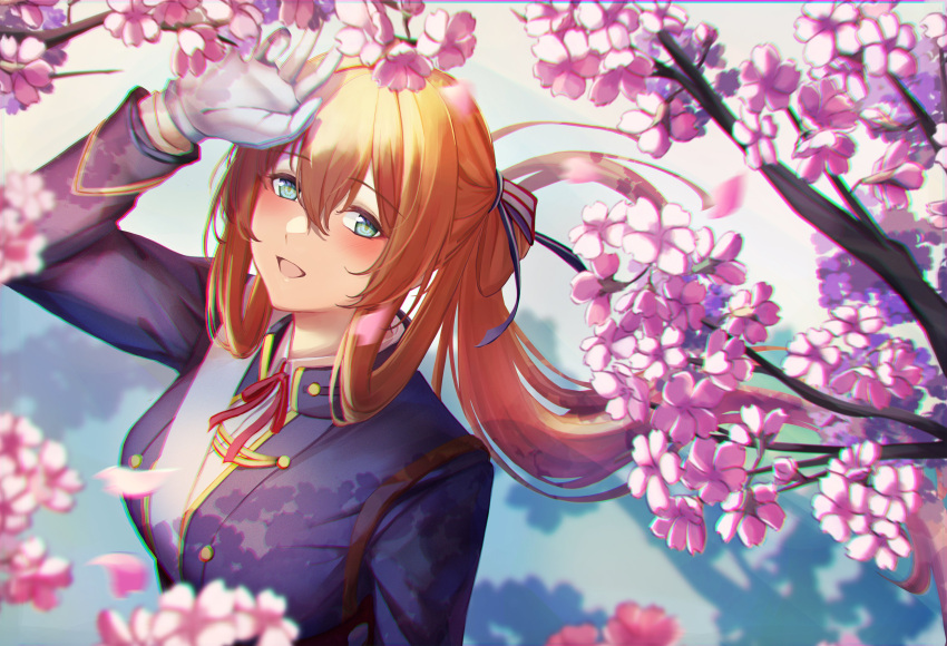 1girl 3_small_spiders absurdres bangs blush breasts cherry_blossoms commentary eyebrows_visible_through_hair from_above girls_frontline gloves green_eyes hair_ornament hair_ribbon hand_up highres long_hair looking_at_viewer medium_breasts open_mouth orange_hair petals ribbon smile solo springfield_(girls'_frontline) uniform upper_body white_gloves