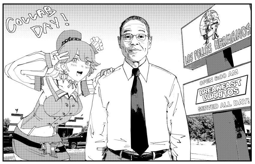 1boy 1girl beret blush breaking_bad chef_hat closed_mouth earrings english_text glasses greyscale gustavo_fring hand_on_another's_shoulder hat highres hololive hololive_english jewelry midriff mini_hat mixed-language_text monochrome necktie outdoors restaurant short_hair spanish_text takanashi_kiara very_short_hair virtual_youtuber xyanaid
