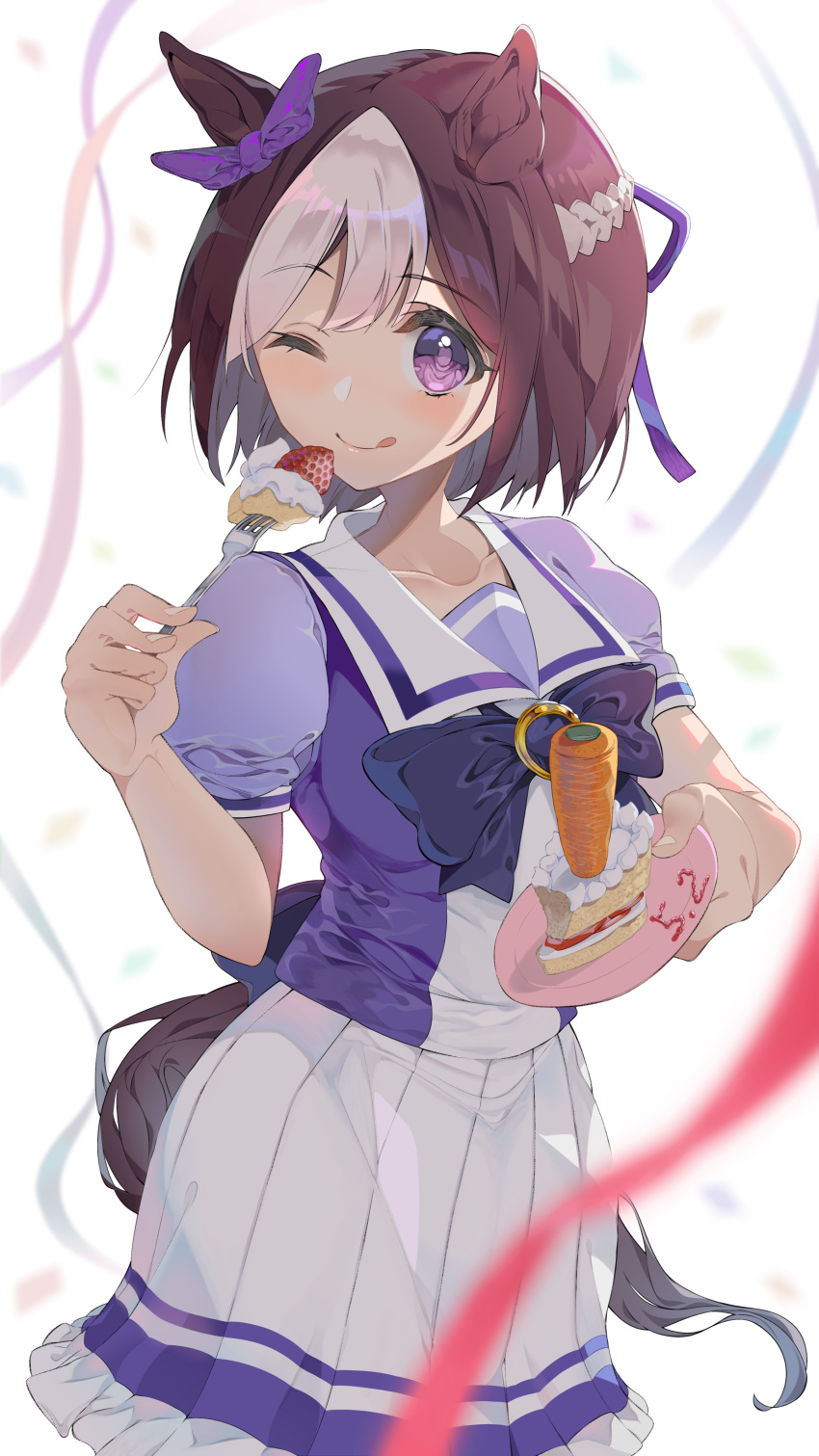 1girl :p absurdres animal_ears ao_hito blush breasts cake collarbone commentary_request dated food hair_between_eyes hair_ornament highres horse_ears horse_tail looking_at_viewer medium_breasts one_eye_closed plate school_uniform simple_background solo special_week_(umamusume) tail tongue tongue_out umamusume violet_eyes white_background