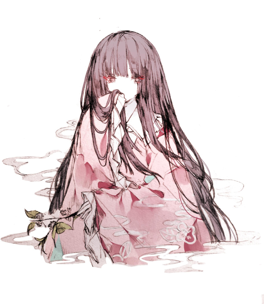1girl absurdres bangs black_hair blunt_bangs branch collar commentary covered_mouth dress flower frilled_collar frills highres holding holding_branch houraisan_kaguya leaf long_hair long_sleeves pink_dress red_eyes simple_background solo touhou white_background white_collar zhixie_jiaobu