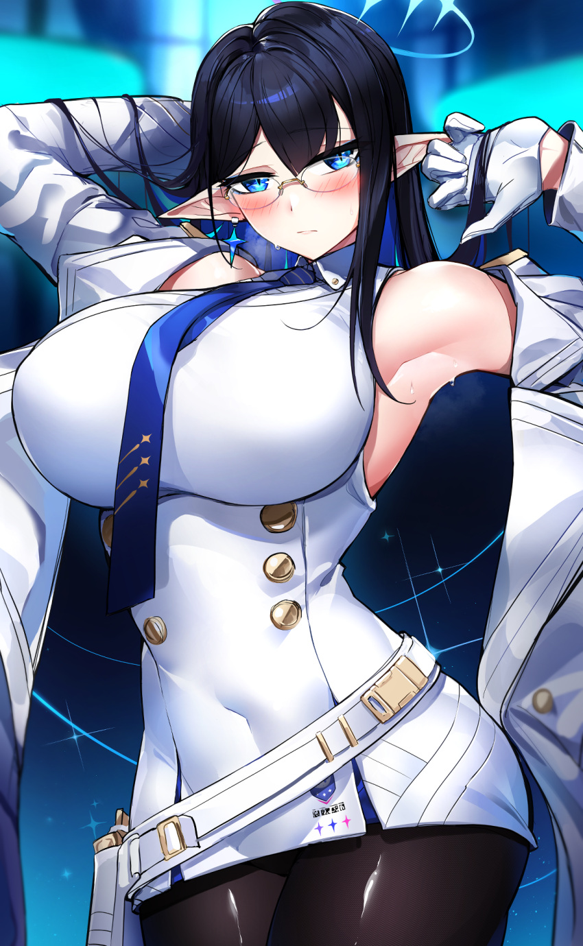 1girl arms_up bare_shoulders belt black_hair blue_archive blue_eyes blue_necktie blush breasts casul dress earrings glasses gloves gold_trim halo highres jacket jewelry large_breasts necktie open_clothes open_jacket pantyhose pointy_ears rin_(blue_archive) solo sweat sweatdrop white_belt white_dress white_gloves white_jacket