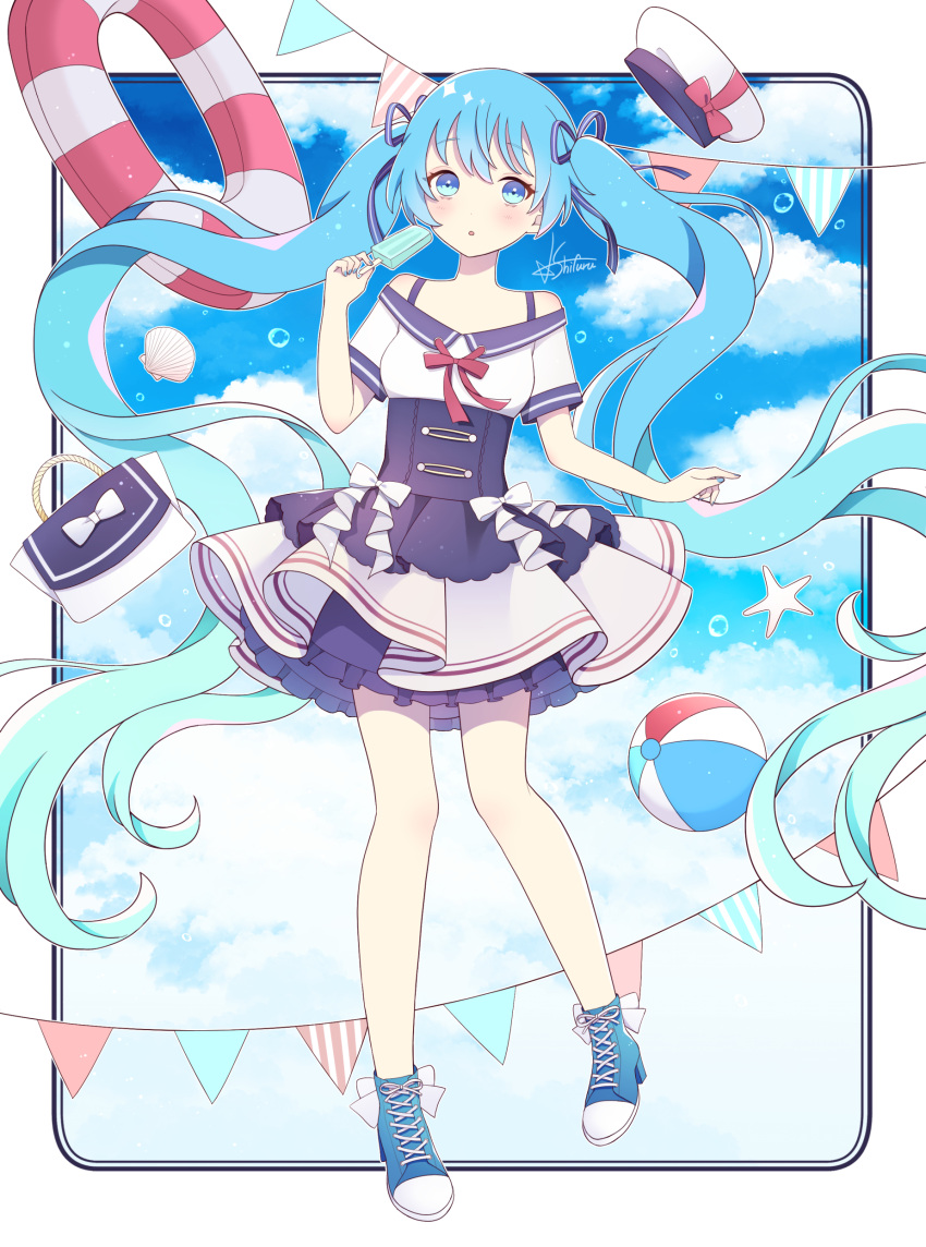 1girl :o absurdres bag ball bangs banner bare_legs bare_shoulders beachball blue_eyes blue_hair blush boots bow bubble cross-laced_footwear dress dress_bow dress_straps floating_hair food footwear_bow gradient_hair hair_ribbon handbag hat hat_bow hatsune_miku high_heel_boots high_heels highres holding holding_food layered_dress lifebuoy long_hair multicolored_hair nail_polish neck_ribbon off-shoulder_dress off_shoulder open_mouth petticoat pleated_dress popsicle ribbon sailor_collar sailor_hat seashell shell short_sleeves signature sky solo standing standing_on_one_leg star_furu twintails very_long_hair vocaloid
