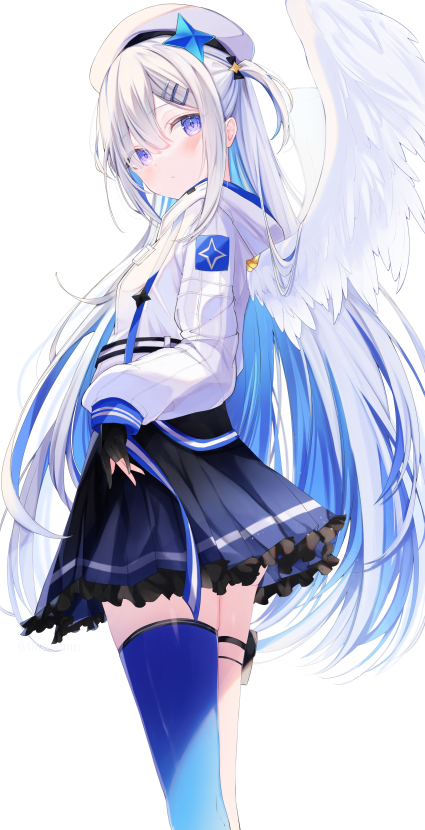 1girl absurdres amane_kanata angel_wings beret blue_hair casual colored_inner_hair feathered_wings gloves hair_ornament hairclip hat highres hololive hood hoodie jacket long_hair multicolored_hair official_alternate_costume okomeillust partially_fingerless_gloves simple_background single_thighhigh skirt solo thigh-highs thigh_pouch thigh_strap two_side_up very_long_hair violet_eyes virtual_youtuber white_background white_hair wings zettai_ryouiki